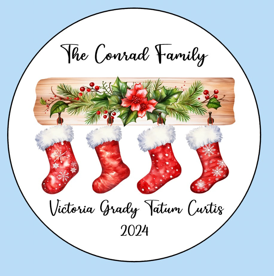 Stocking family aluminum ornament