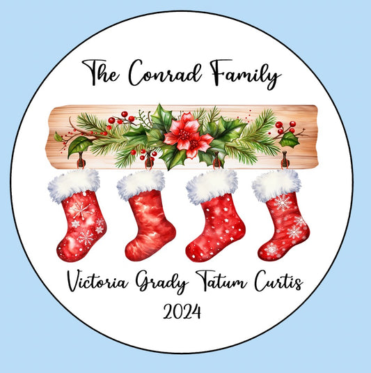 Stocking family aluminum ornament