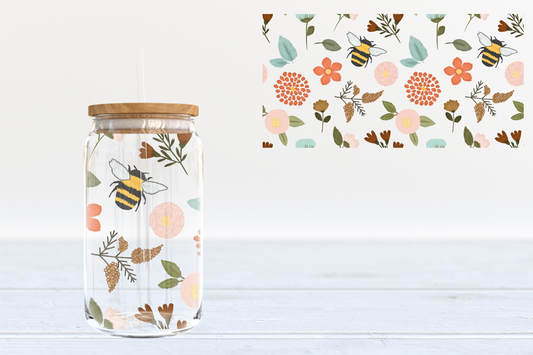 Bees and leaves - glass can PRE-ORDER