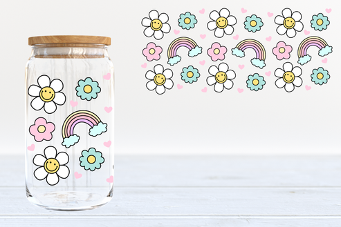 Retro daisies and rainbows - glass can PRE-ORDER